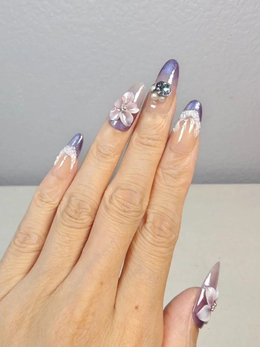 Dreamy Fairy Floral Medium Almond Press On Nails Pink Purple Cat Eye Gradient